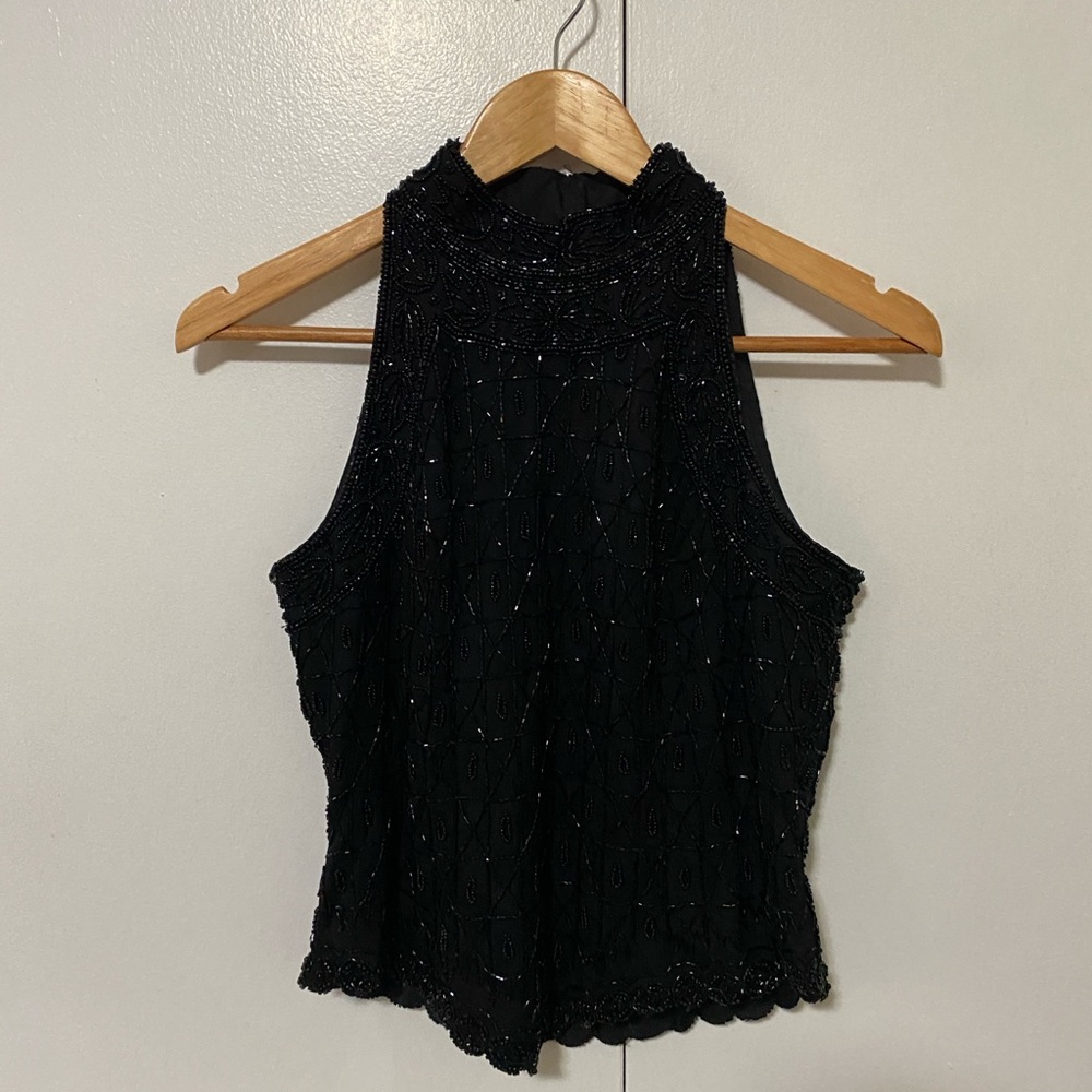 Beaded Black Sleeveless Halter Tank Top